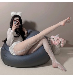 FEE ET MOI - Side Cut-Out Rose Jacquard Fishnet Pantyhose (White)